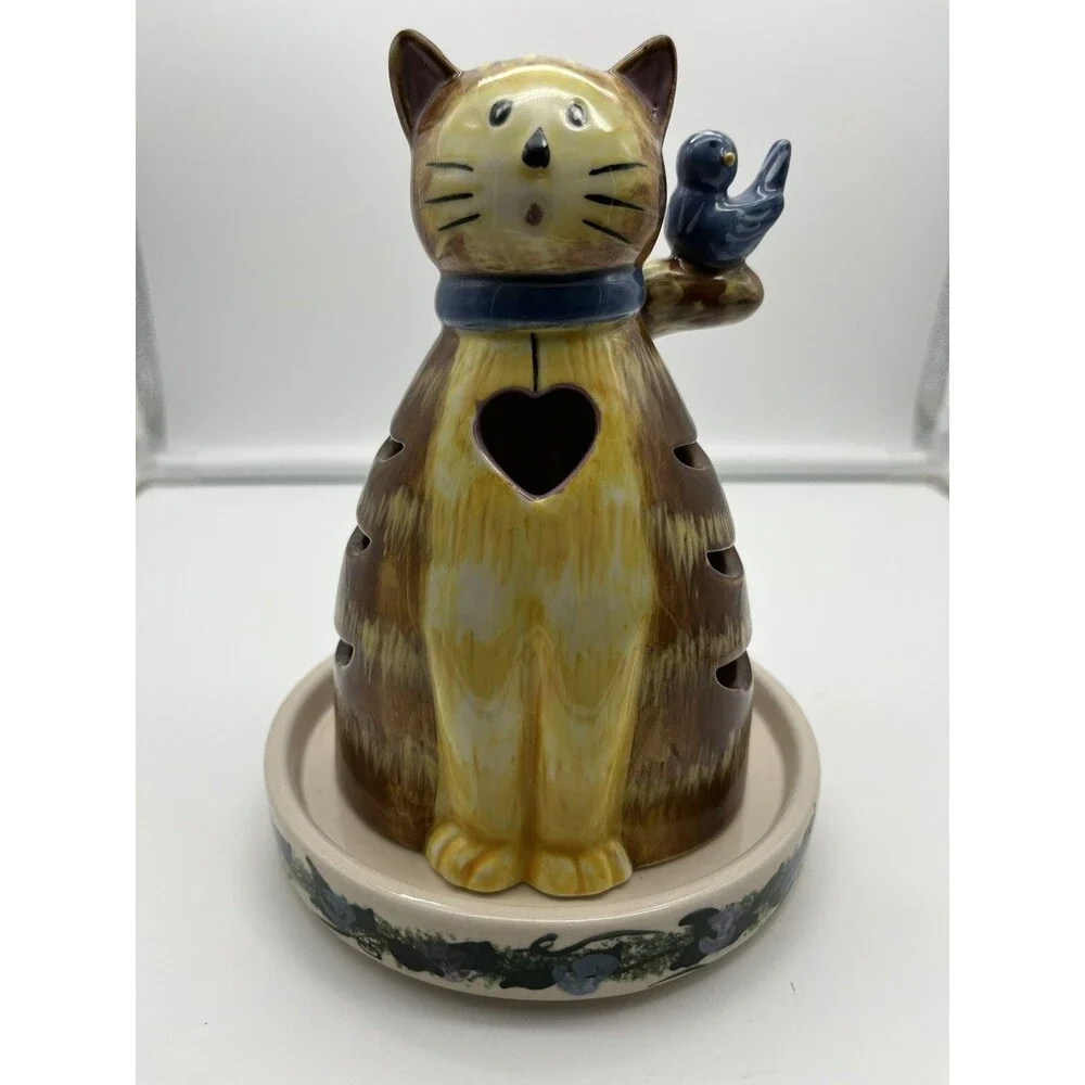 Kathy Hatch Ceramic Tabby Kitty Cat Bird Votive Tea-Light Candle Holder Figurine